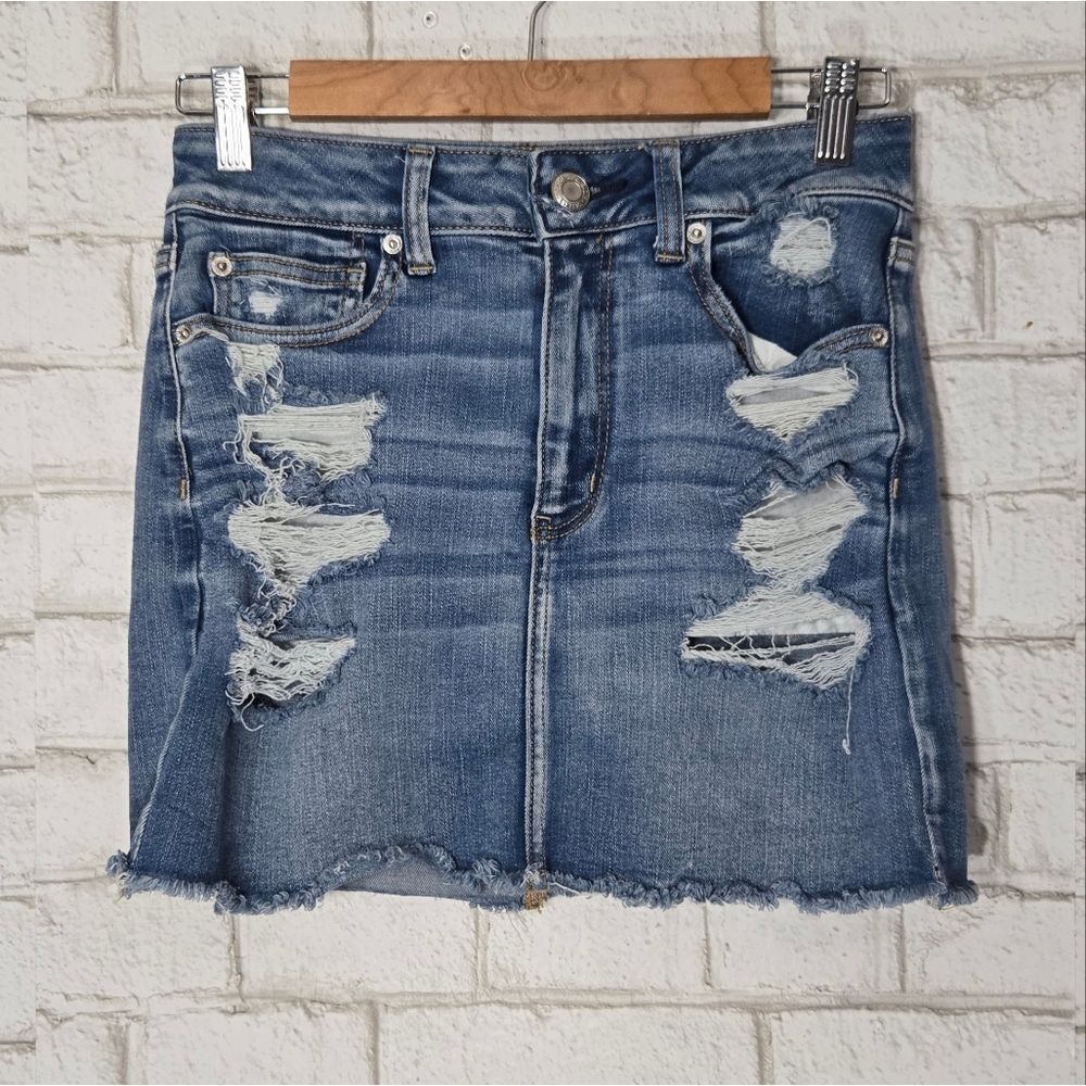 AEO distressed jean mini skirt